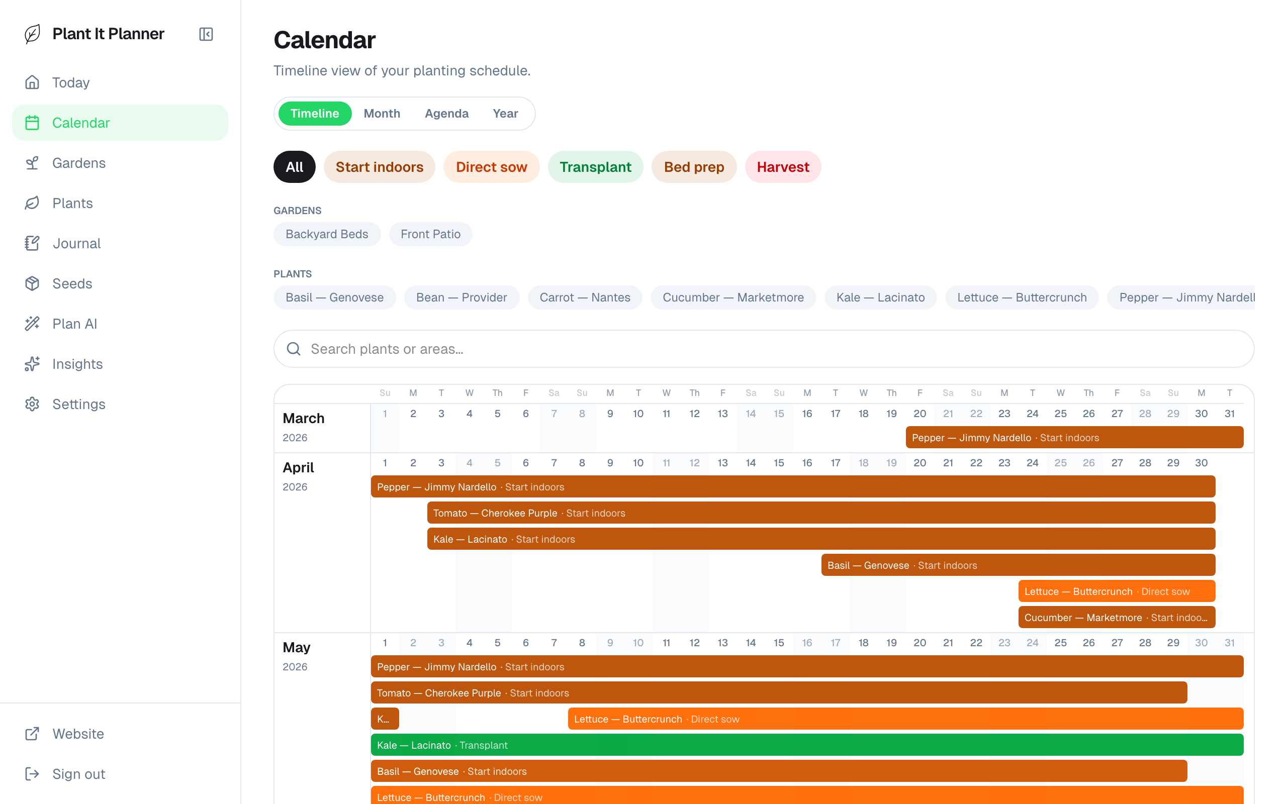Calendar timeline with multiple plant rows and colored bars