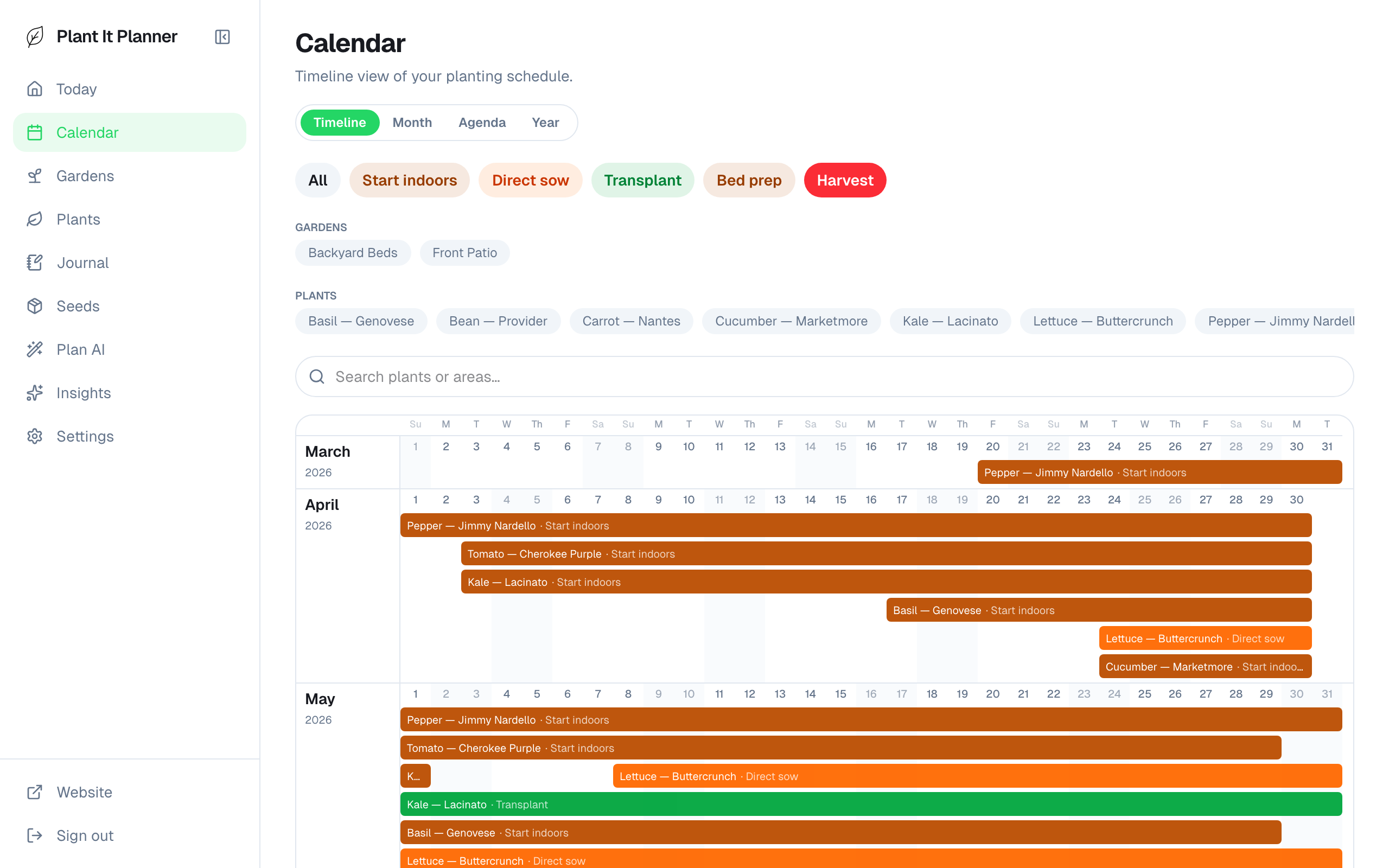 Calendar filtered to Harvest only — only red harvest bars visible