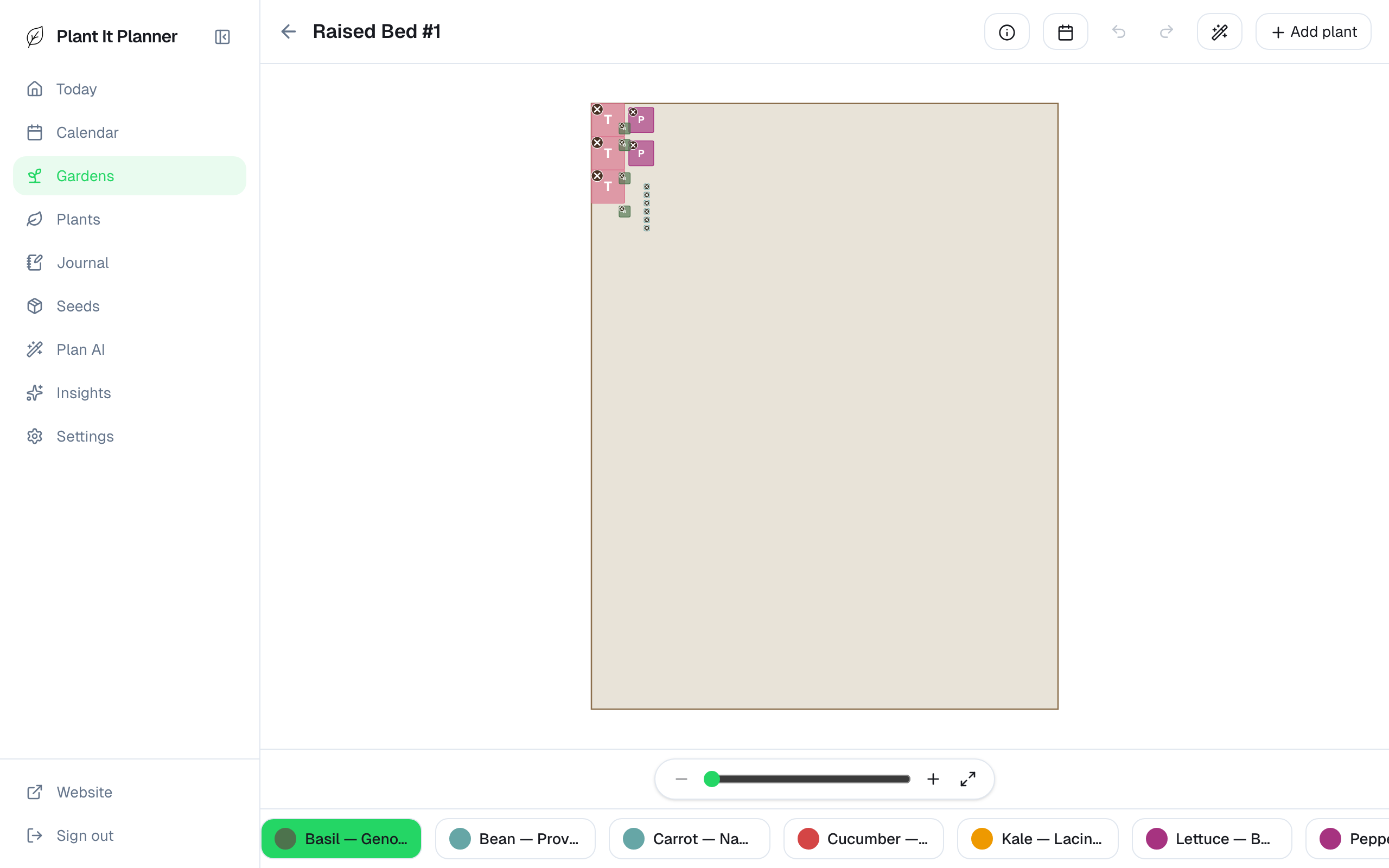 Layout editor with several plants positioned in a 4x8 bed