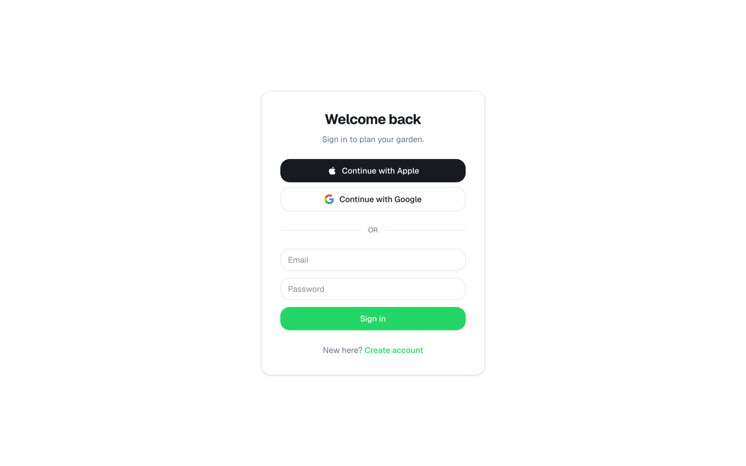 Sign-in screen with Apple, Google, and Email buttons