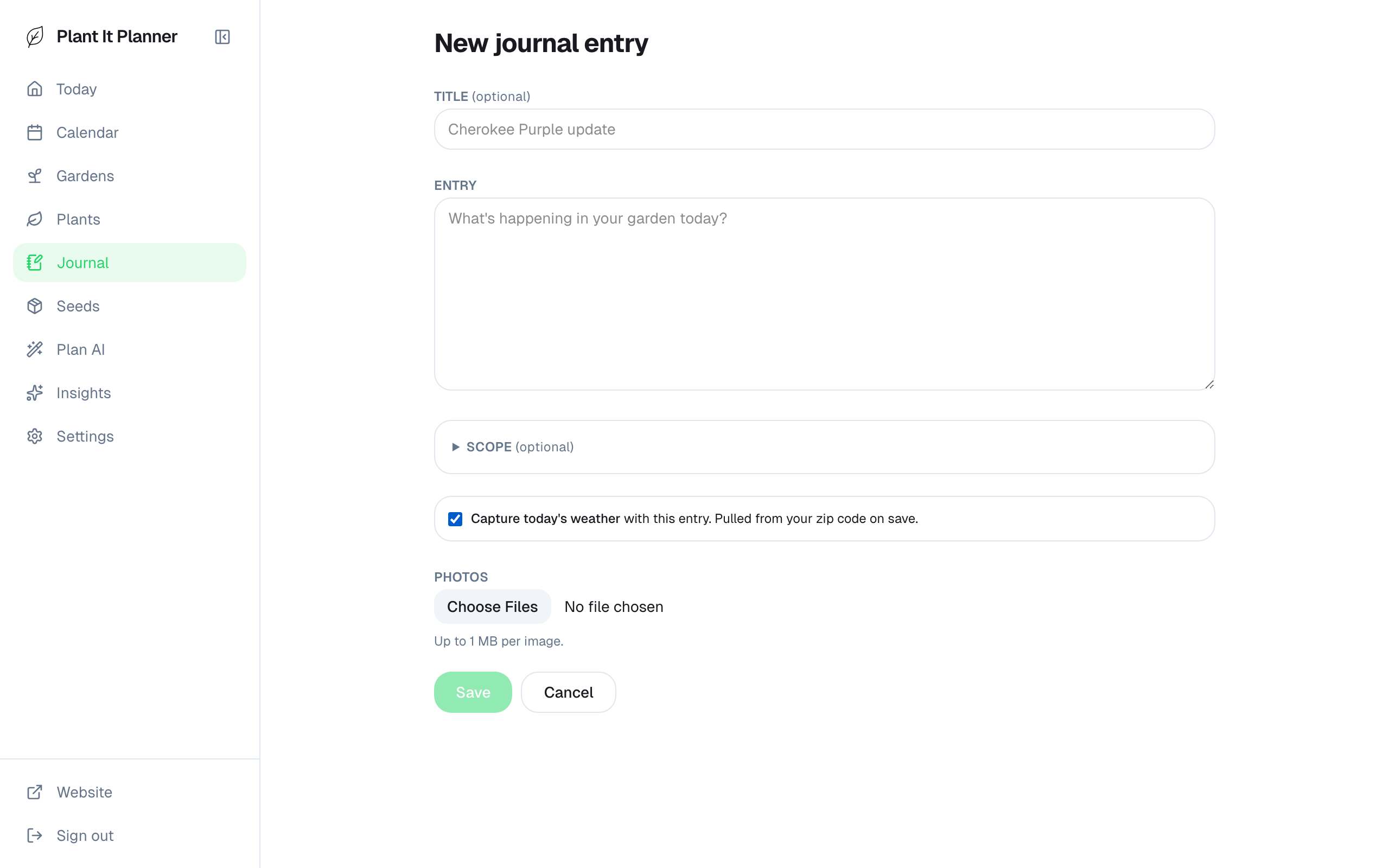 Journal entry form with title, note, and weather snapshot toggle