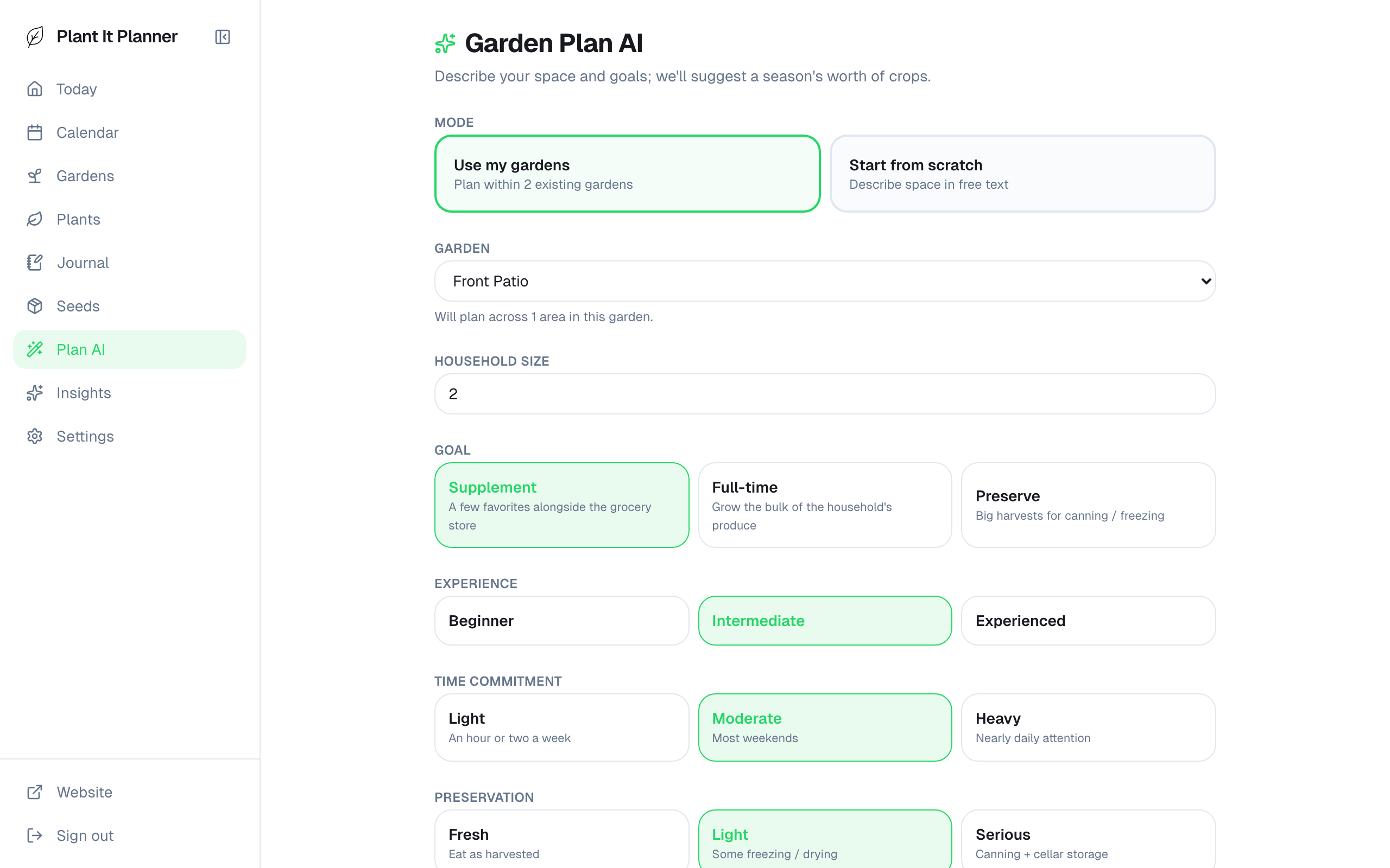 Garden Plan wizard step 1 asking about garden size