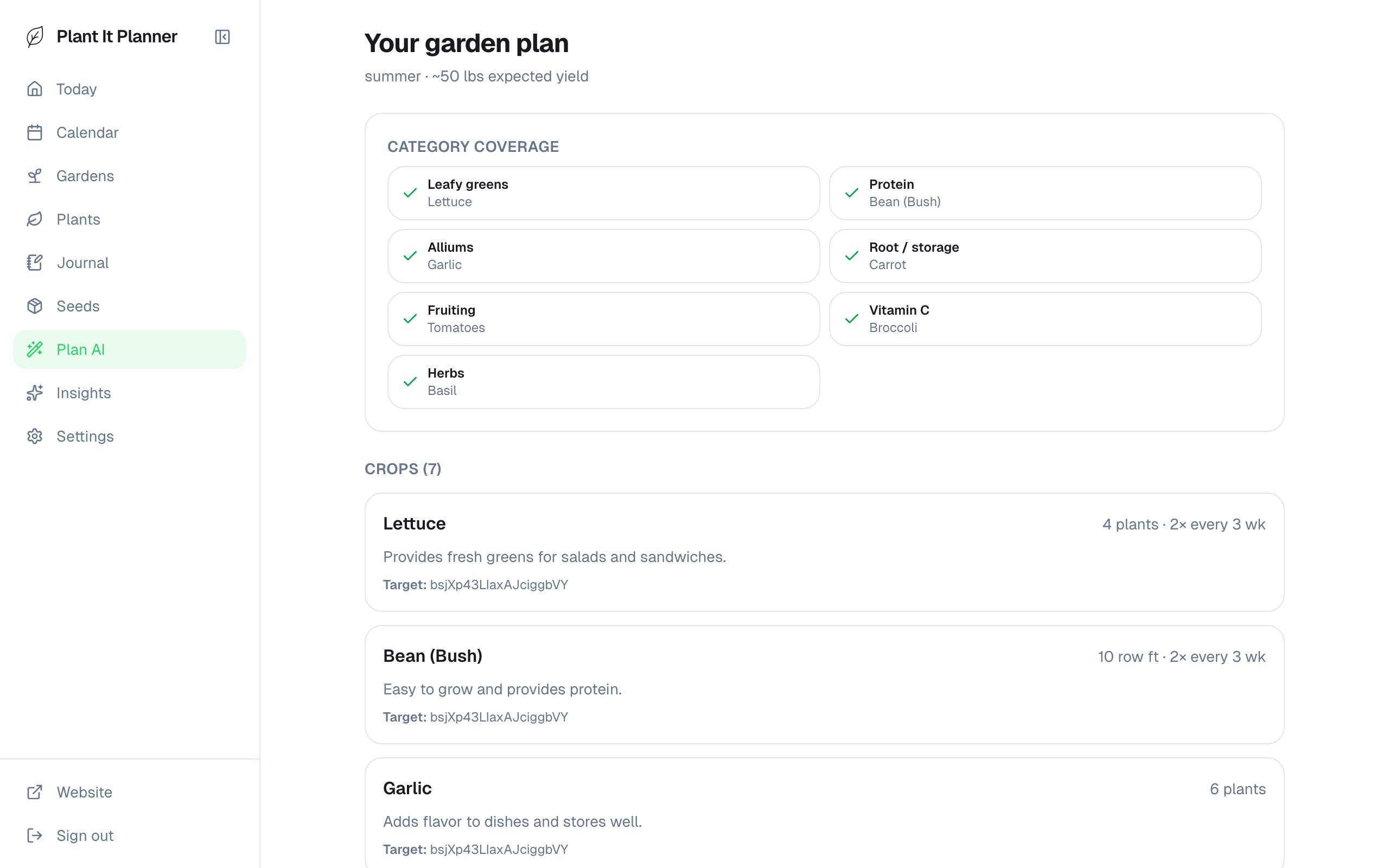 Garden Plan result with summary cards and recommended crops list
