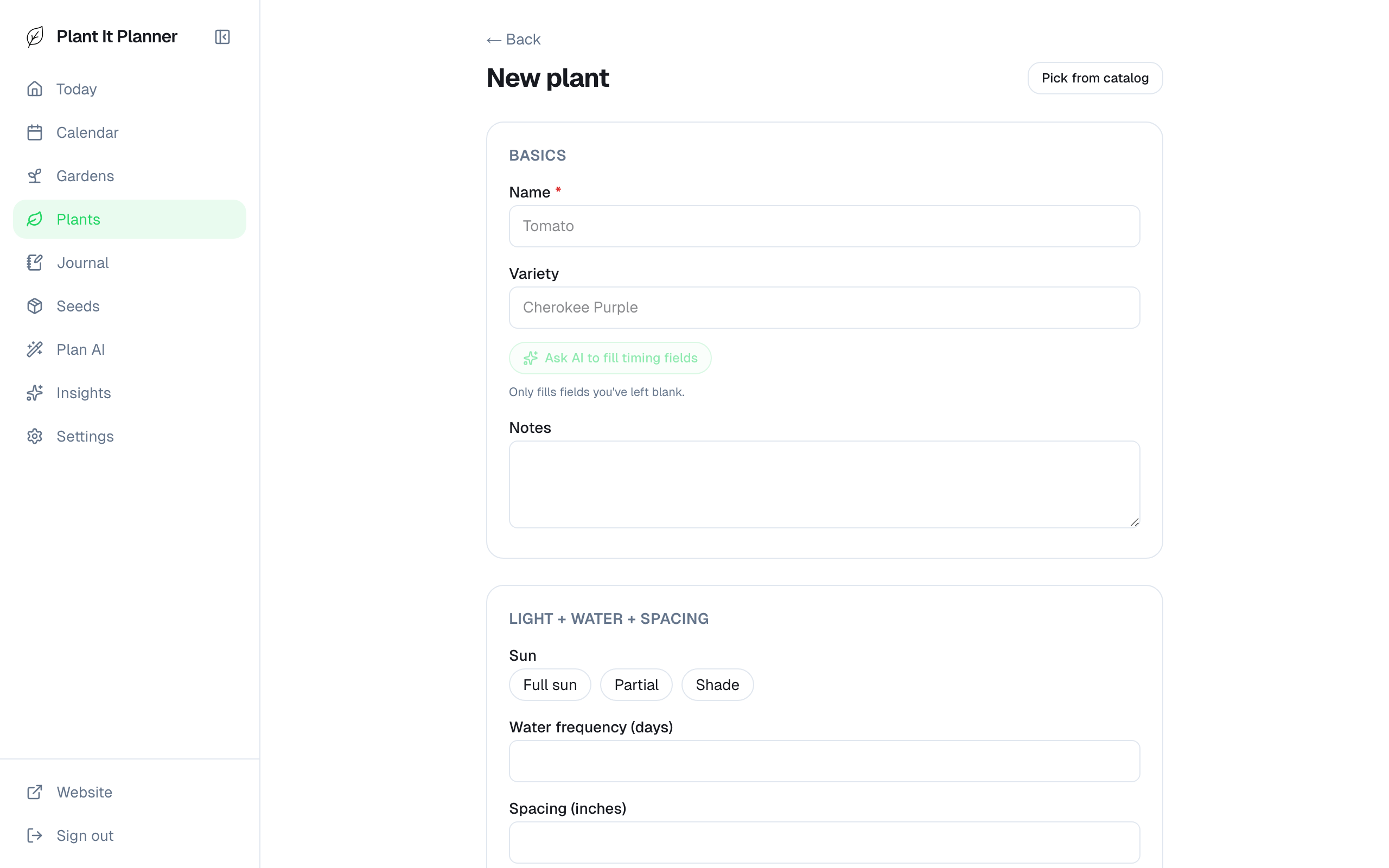 Add-plant form with autofill button populating fields