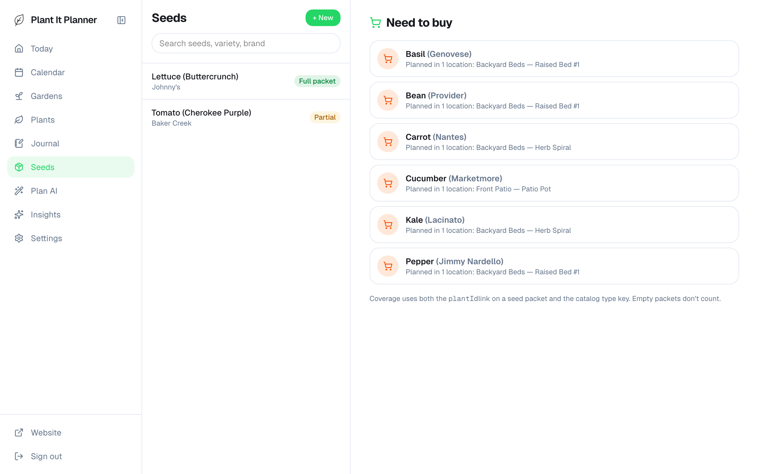 Seed inventory list with several packets