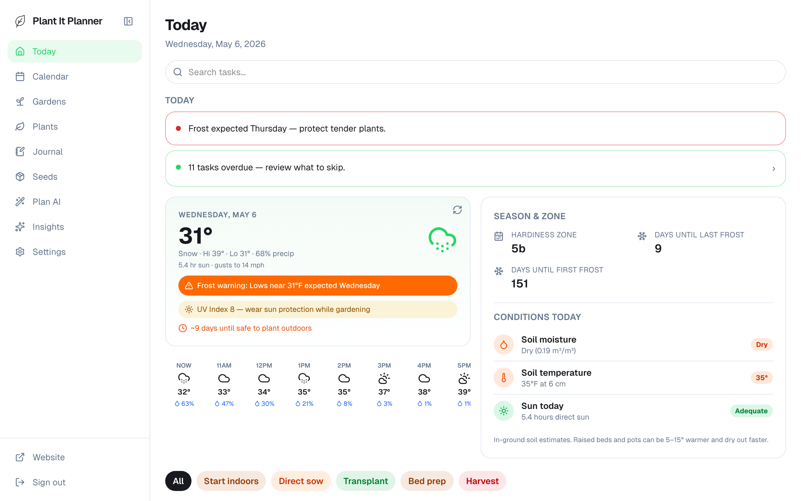 Today screen on iPad showing weather, season, and tasks